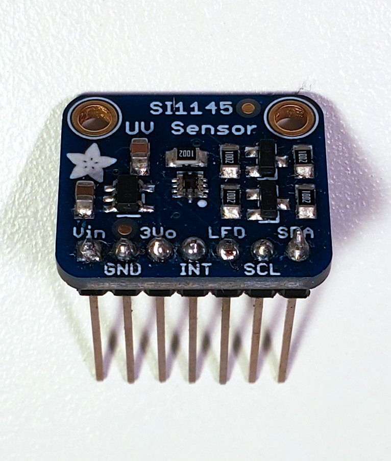 SI1145 Sensor breakout board with long male headers soldered to underside